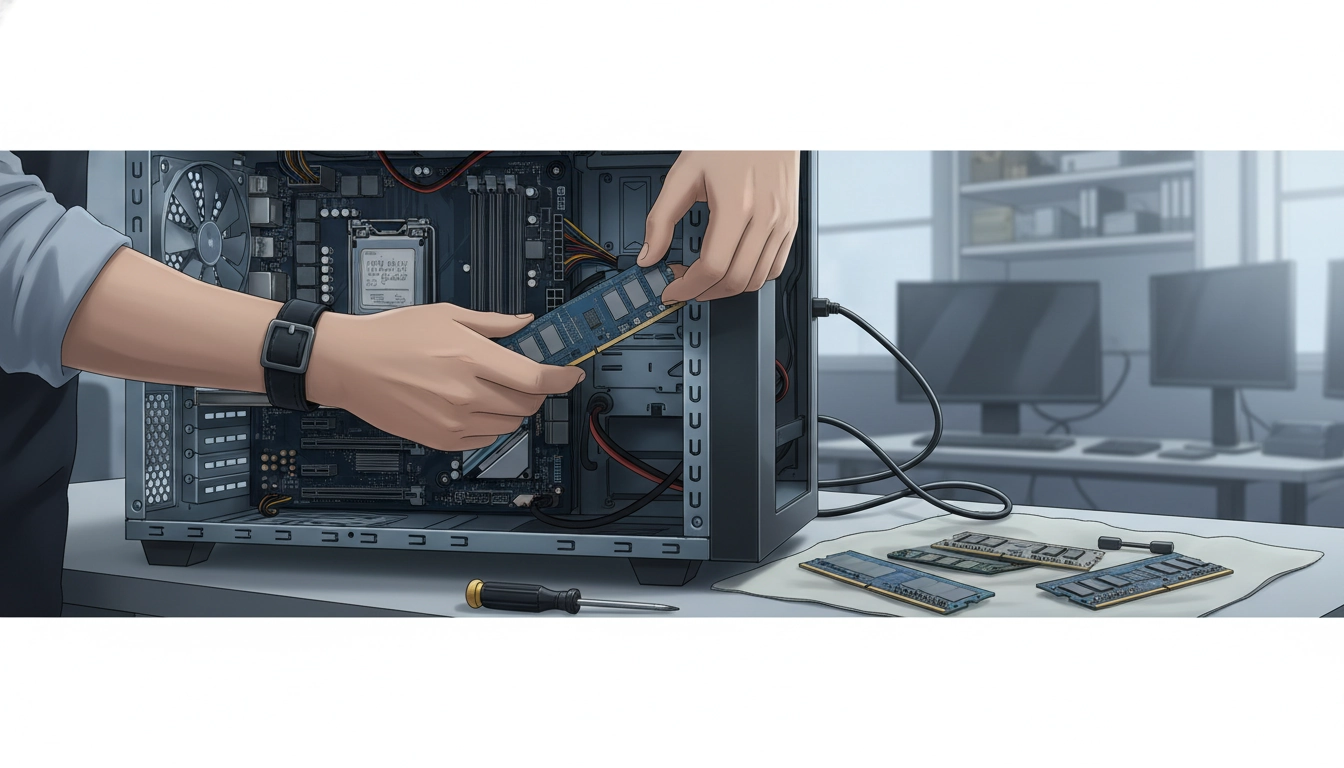 Mains en train d'insérer une barrette de RAM dans une carte mère pour illustrer les erreurs montage RAM PC à éviter