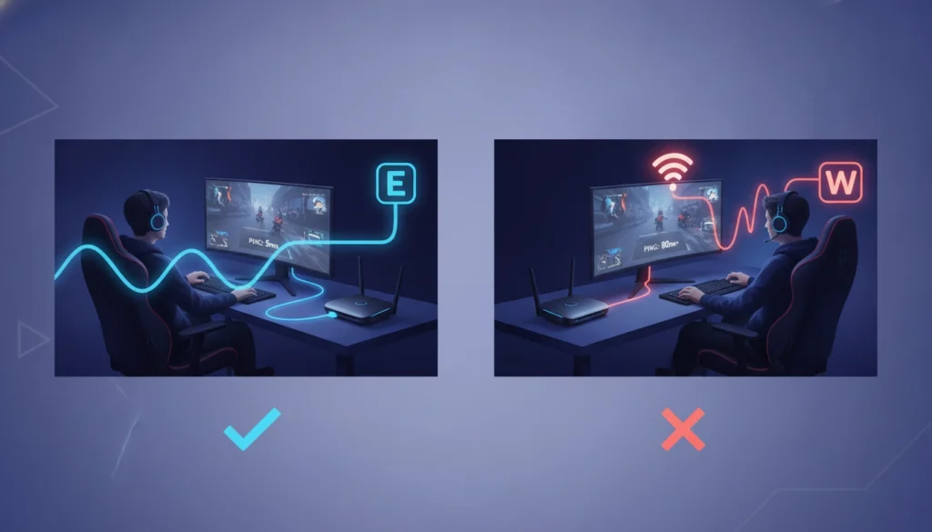 Un setup de joueur professionnel avec un câble Ethernet bleu connecté à une tour PC, illustrant l'ethernet vs wifi gaming performance.