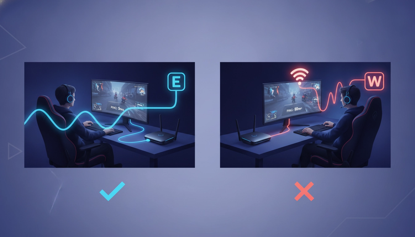Un setup de joueur professionnel avec un câble Ethernet bleu connecté à une tour PC, illustrant l'ethernet vs wifi gaming performance.
