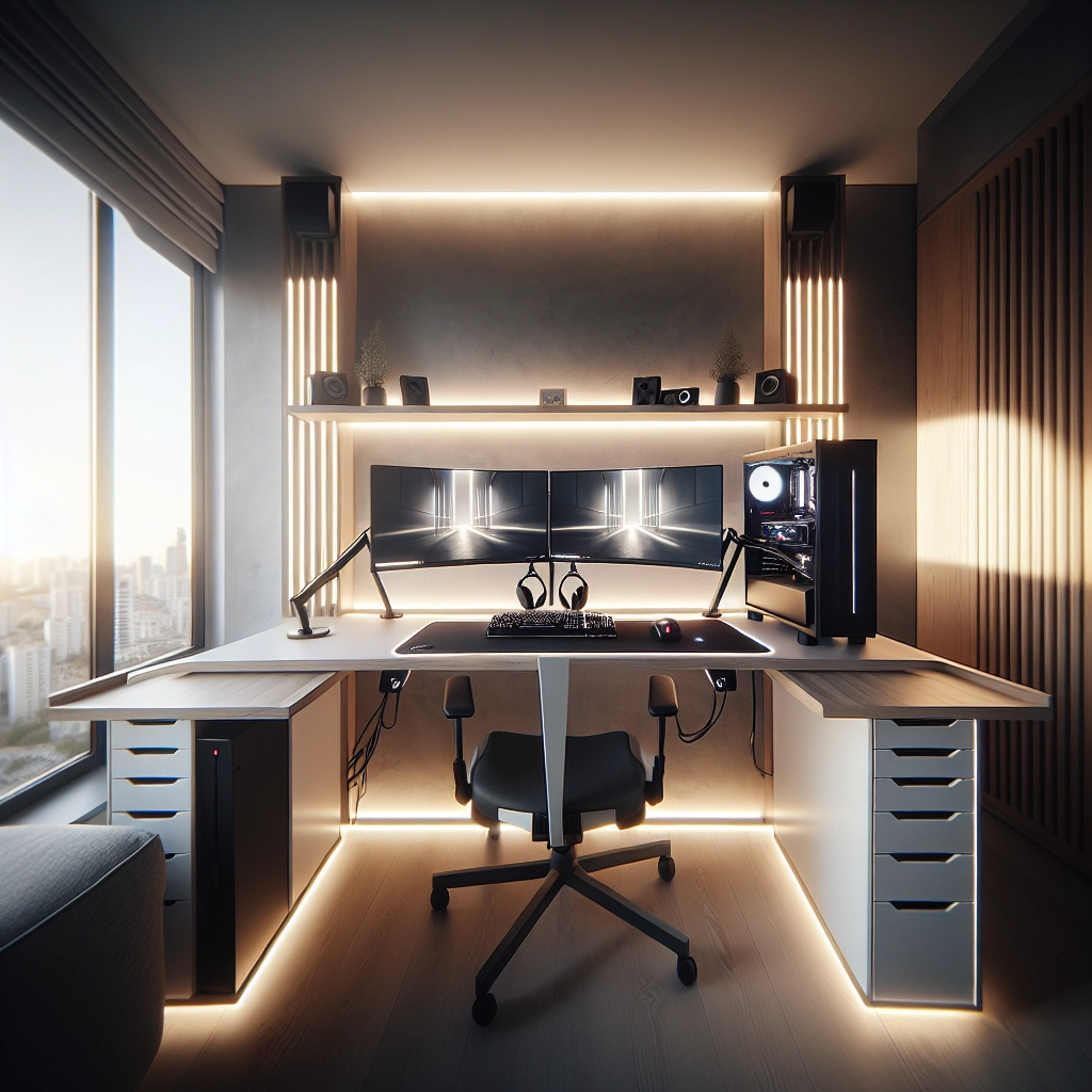 Setup épuré illustrant l’évolution setup gaming minimaliste et RGB avec éclairage indirect derrière les écrans