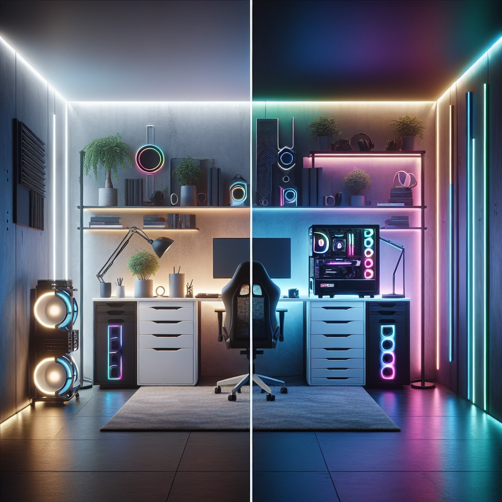 Comparaison visuelle entre un setup gaming minimaliste et un setup gaming RGB avec une ambiance lumineuse maîtrisée