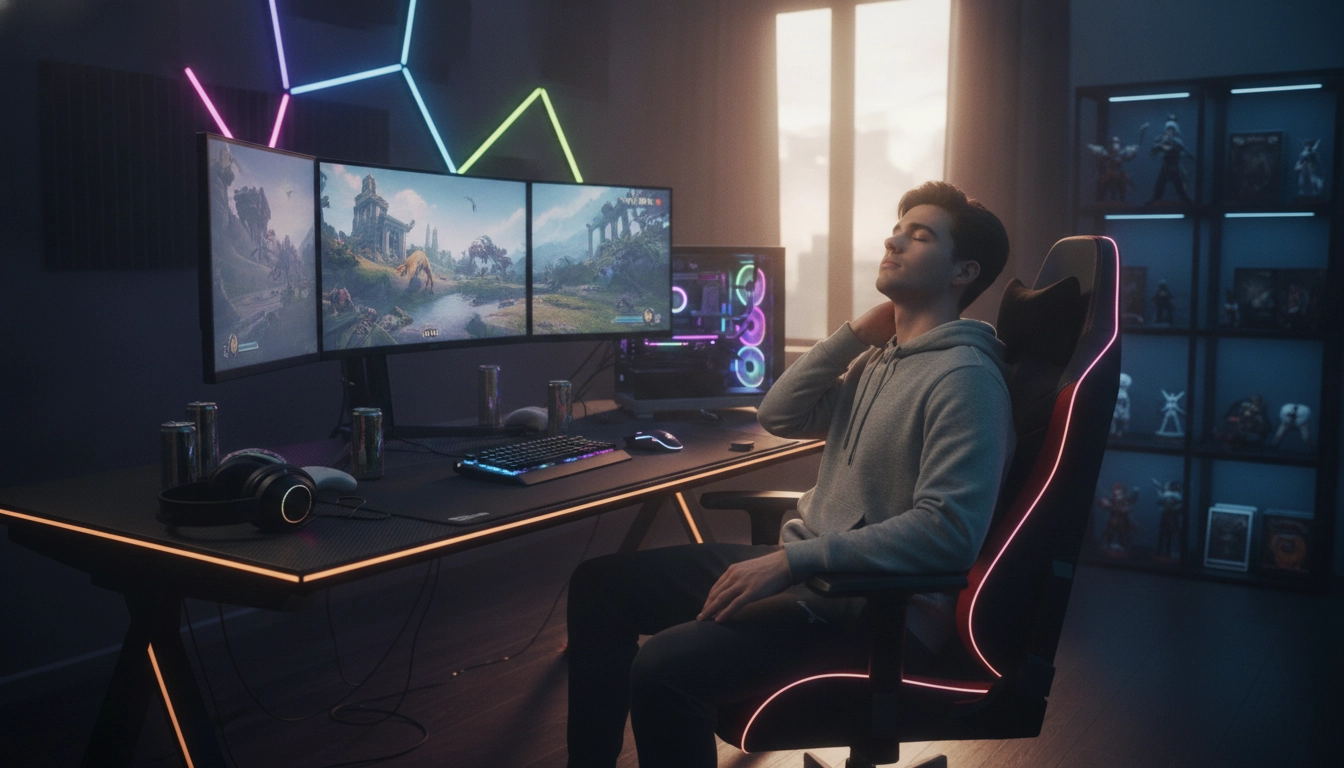 Joueur réalisant des exercices étirements posture gaming pour soulager sa nuque.