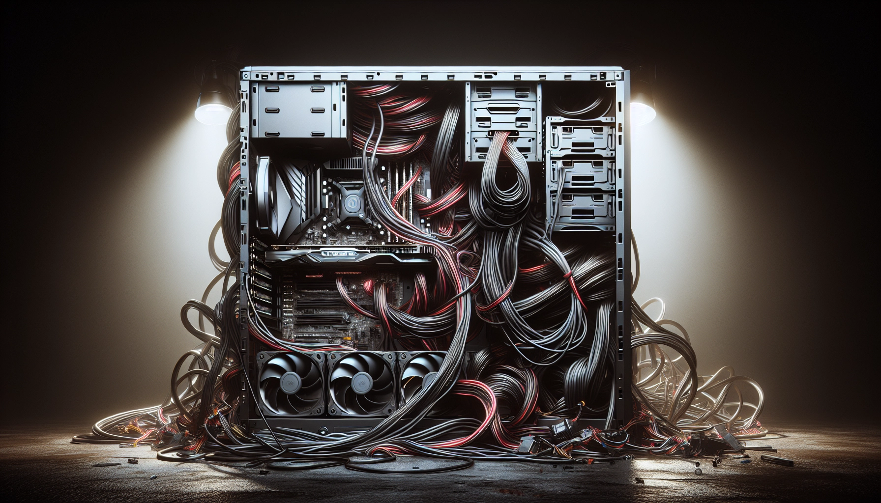 Câbles désorganisés à l'intérieur d'un boîtier PC illustrant pourquoi il faut faciliter la maintenance PC avec la gestion des câbles