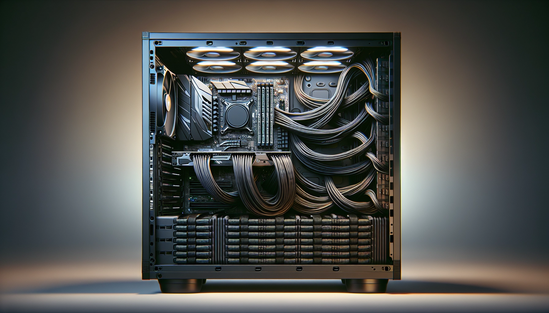 Intérieur d'un boîtier PC avec câblage structuré pour faciliter la maintenance PC avec gestion des câbles