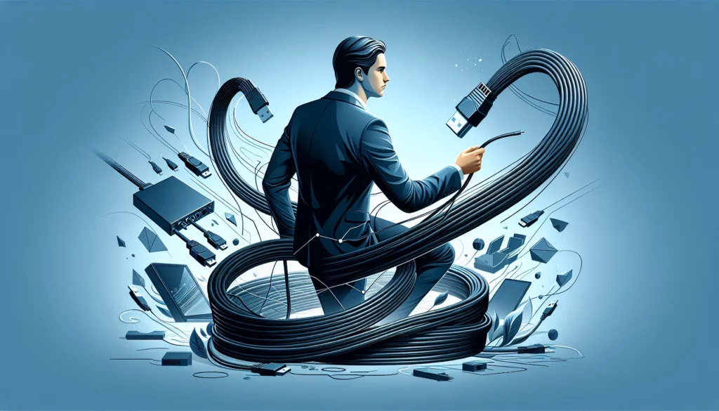 Gestion des câbles PC organisée avec velcro et gaines pour faciliter la maintenance