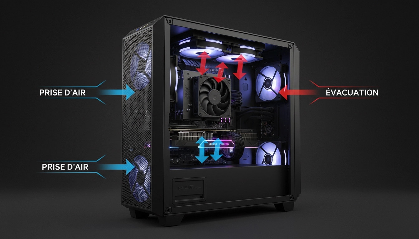 Schéma complet du flux d'air boîtier PC avec flèches d'aspiration et d'évacuation sur boîtier gaming mid-tower