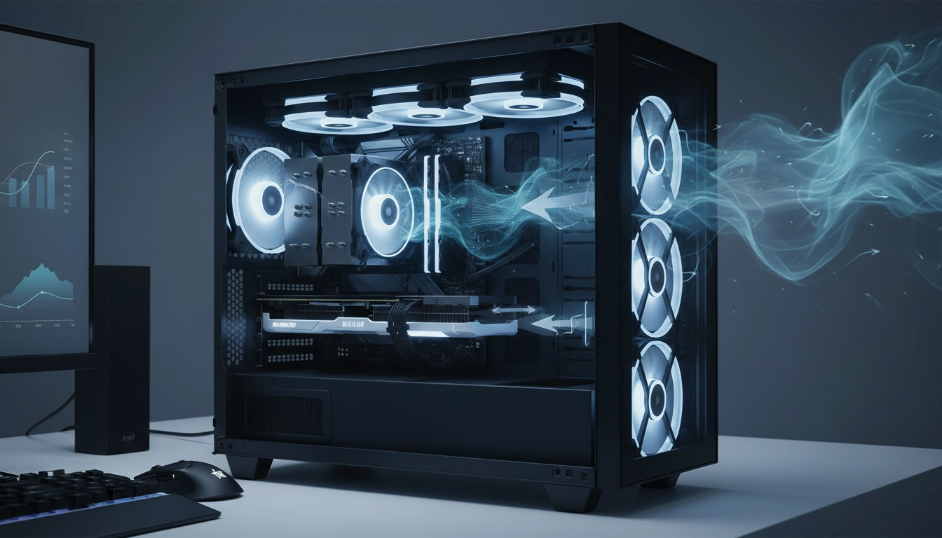 Schéma du flux d'air boîtier PC gaming avec ventilateurs aspiration et évacuation bien positionnés