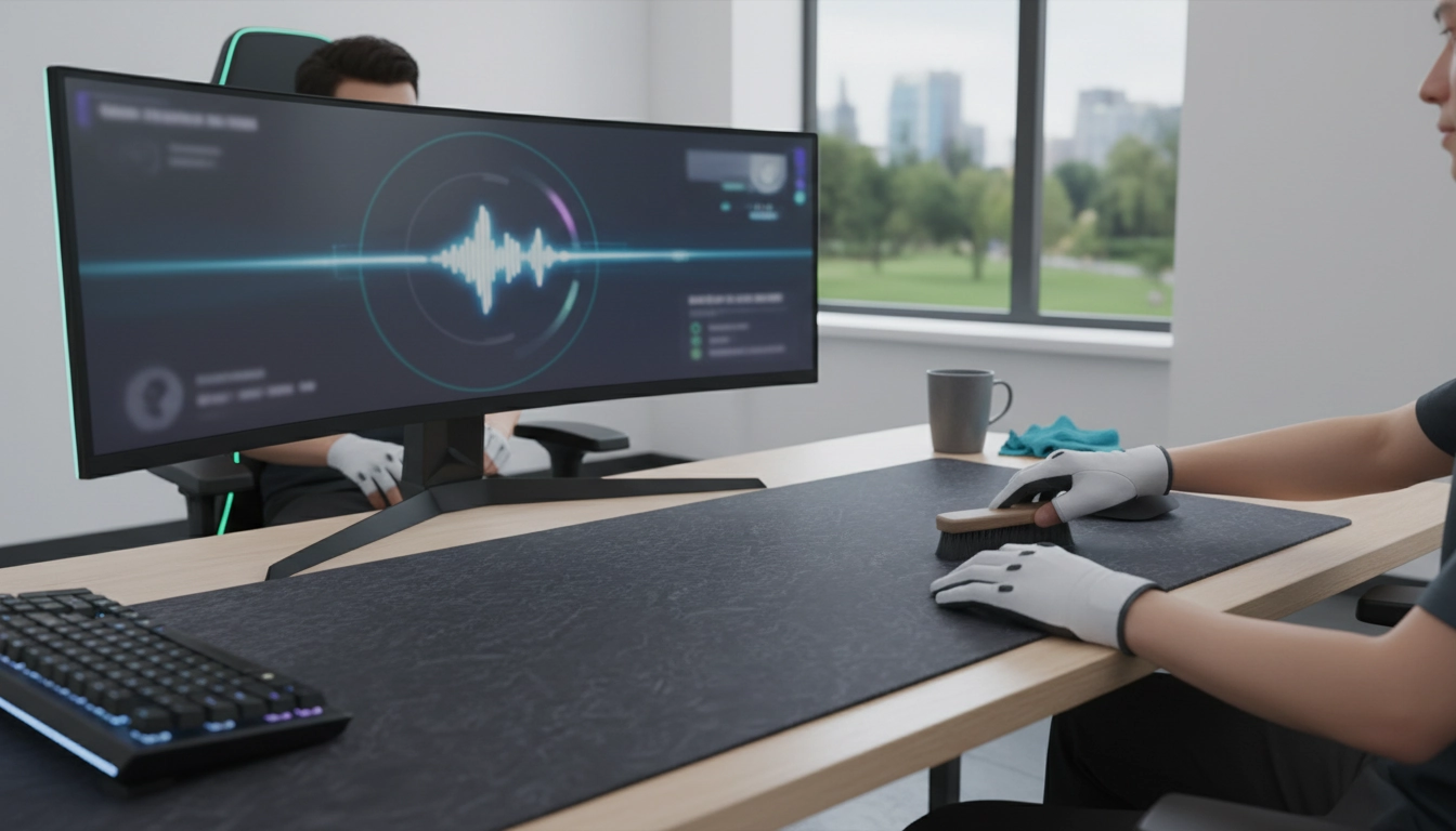Joueur nettoyant son bureau en respectant la fréquence idéale entretien tapis gaming XXL.