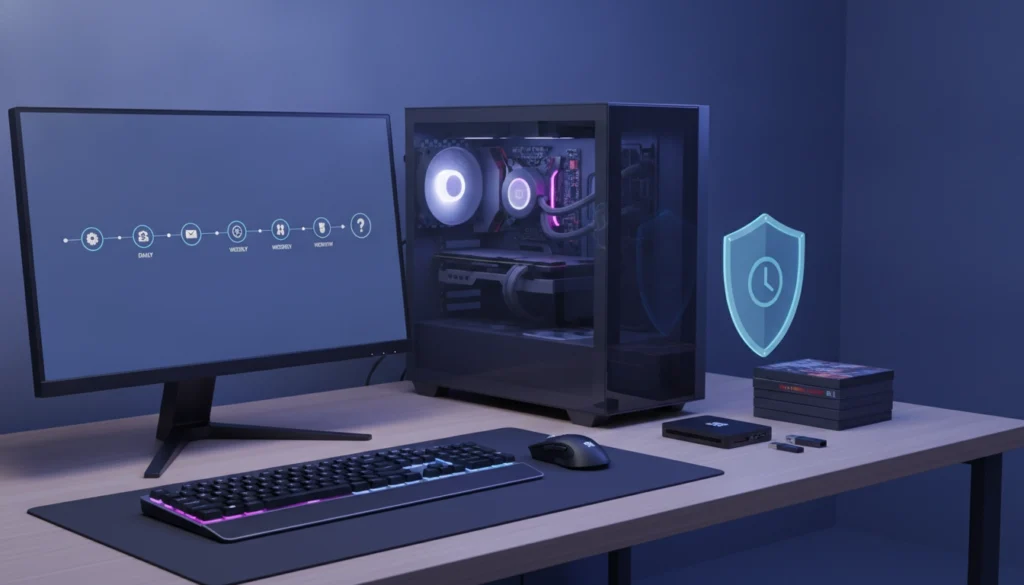Installation gaming sécurisée illustrant la bonne fréquence sauvegarde données pc jeux