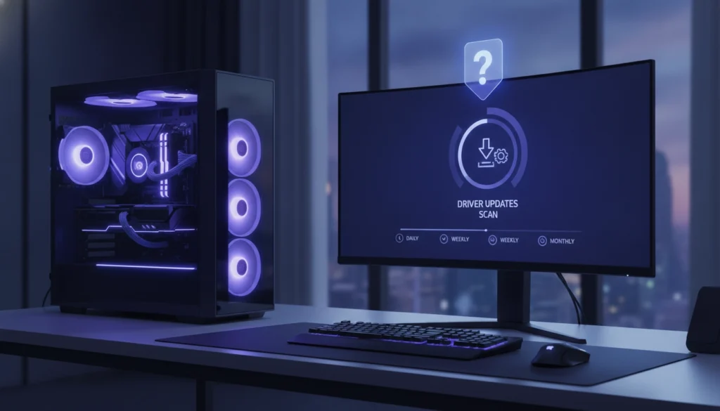 Un joueur concentré vérifiant la fréquence vérification mise à jour pilotes pc gaming sur son écran.