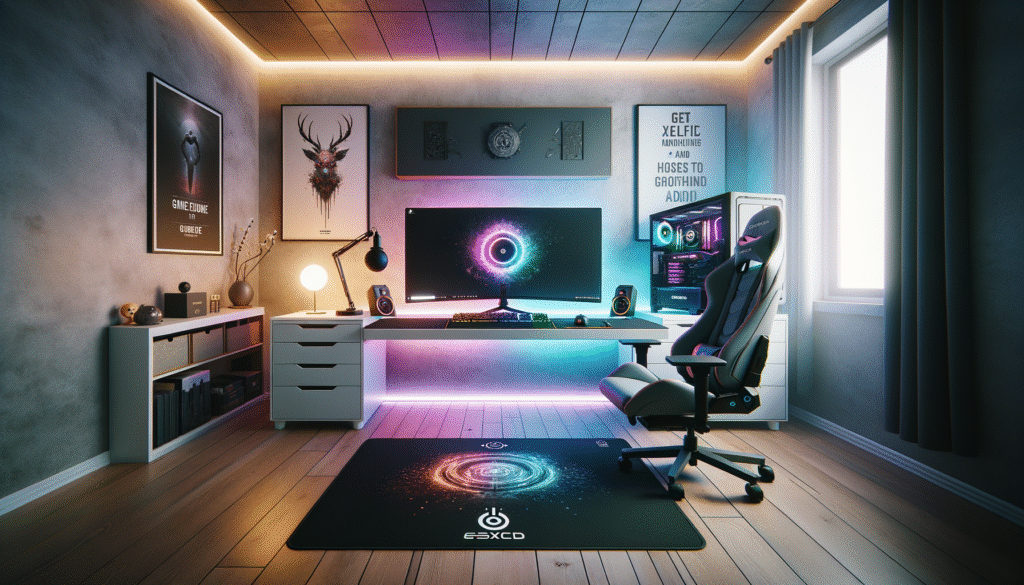 Gaming room minimaliste avec setup moderne, éclairage RGB et tapis de souris XXL vibrant.