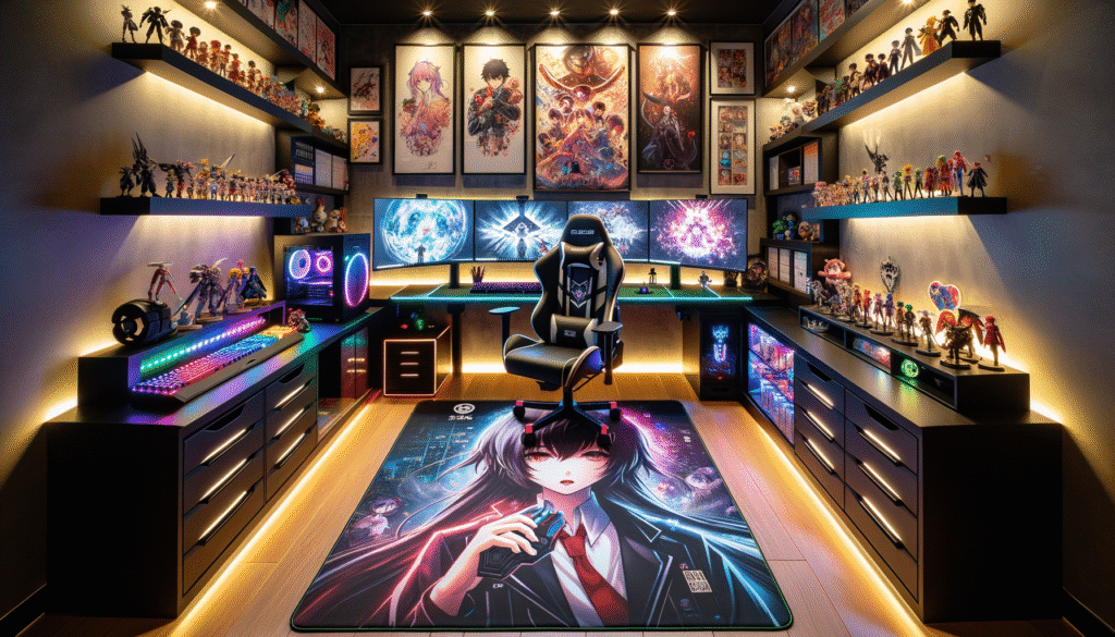Découvrez un gaming room setup tour complet avec un tapis XXL manga, bureaux modernes et un éclairage RGB captivant.