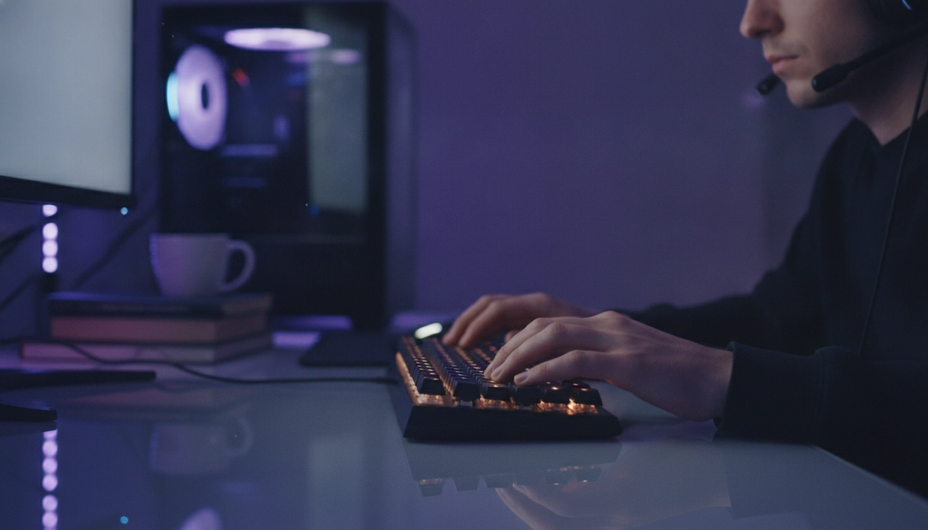 Joueur PC concentré sur son clavier mécanique sans aucune interruption