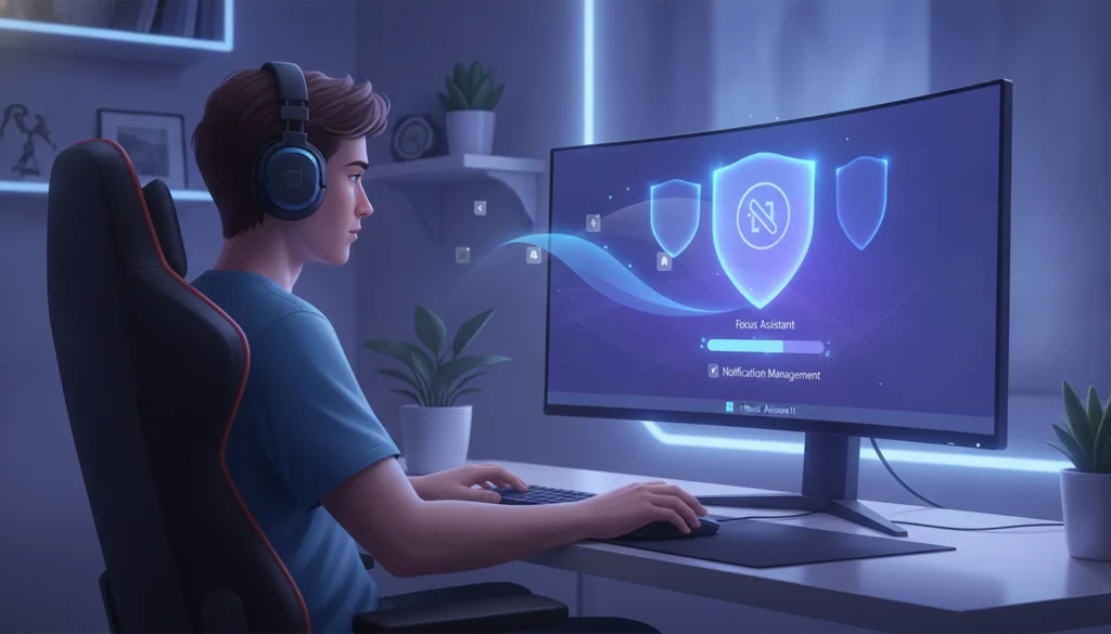 Joueur PC concentré sur son écran sans aucune interruption grâce à Windows