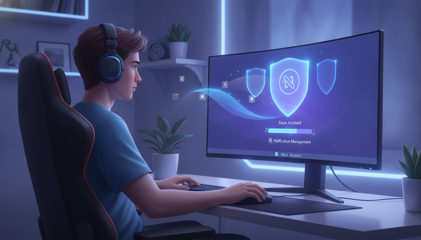 Joueur PC concentré sur son écran sans aucune interruption grâce à Windows