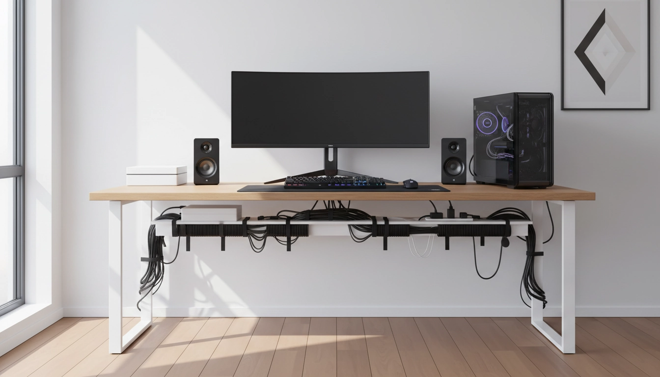 Bureau gaming épuré avec une gestion des câbles propre et organisée