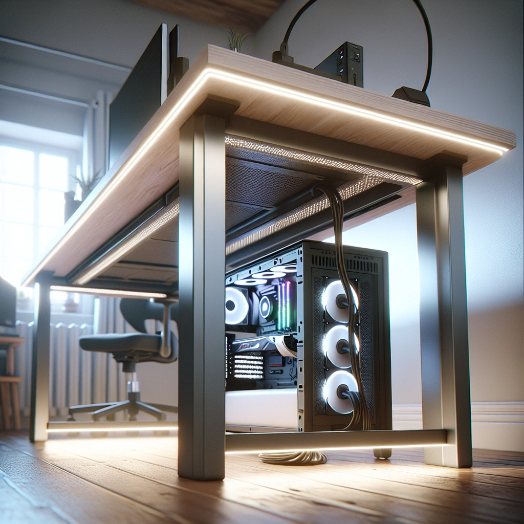 Gestion câbles gaming sous le bureau avec panier, multiprise fixée et faisceaux routés proprement