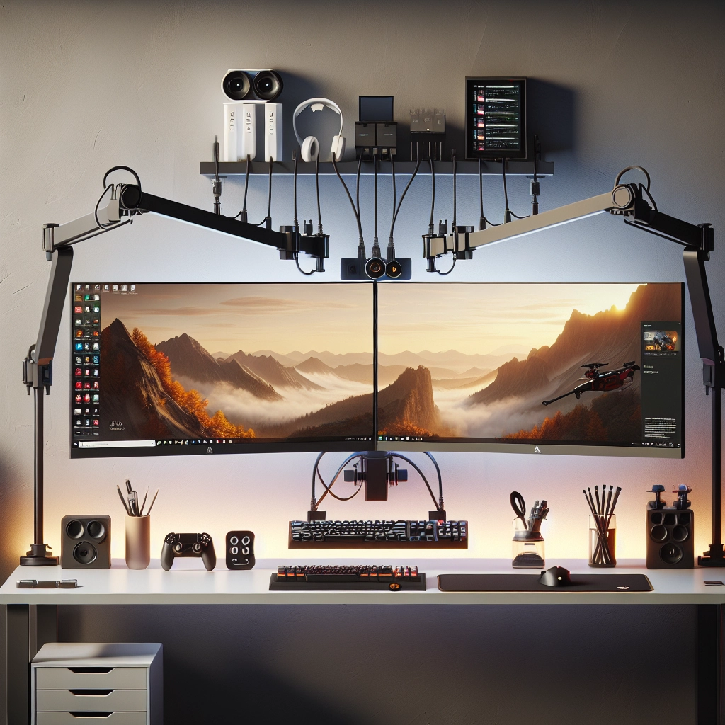 Organisation des câbles sur le bureau gaming avec bras d’écran, hub USB discret et zone de charge