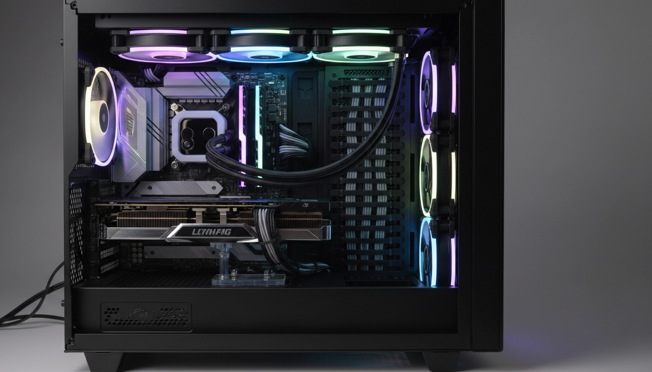 Intérieur d'un PC gaming avec une gestion câbles PC gaming soignée, faisceaux maintenus par des serre-câbles velcro