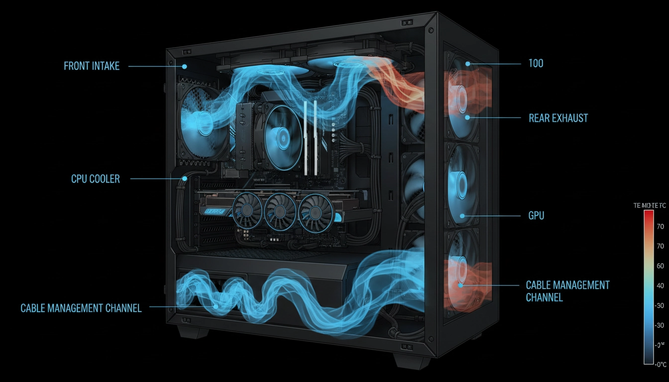 Schéma du flux d'air dans un boîtier PC avec câbles bien organisés pour optimiser la ventilation et les températures