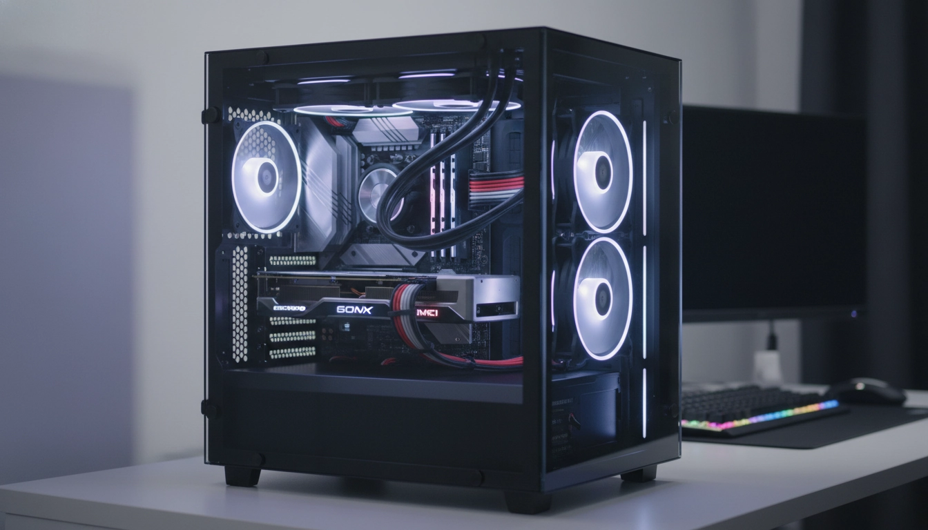 Intérieur d'un PC gaming avec une gestion câbles PC gaming parfaite, câbles organisés et maintenus par des serre-câbles