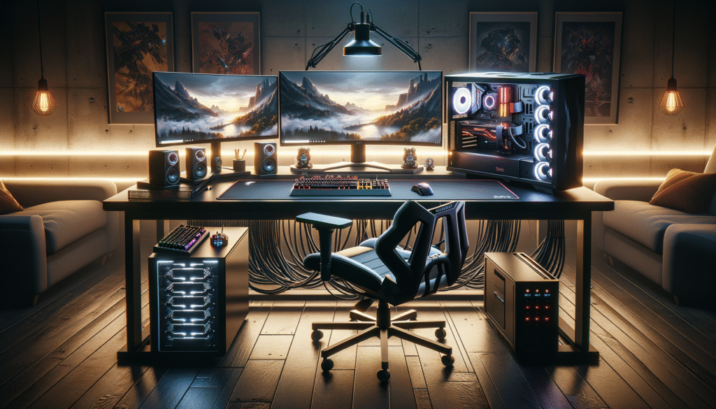 Image d'un setup gaming avec gestion de câbles optimale pour un espace organisé.
