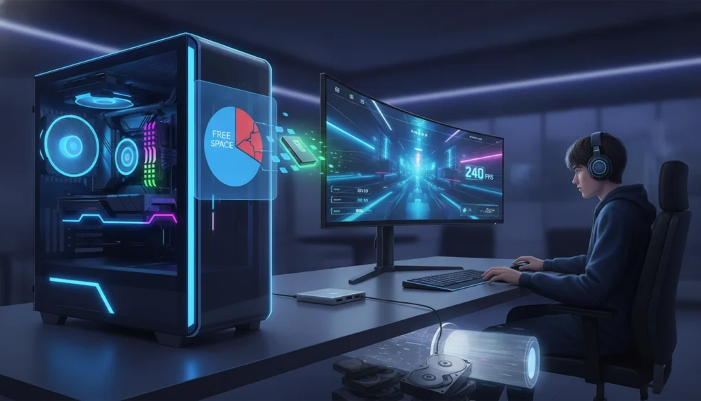 Un joueur professionnel optimisant le stockage de son ordinateur pour une gestion efficace espace disque pc gaming