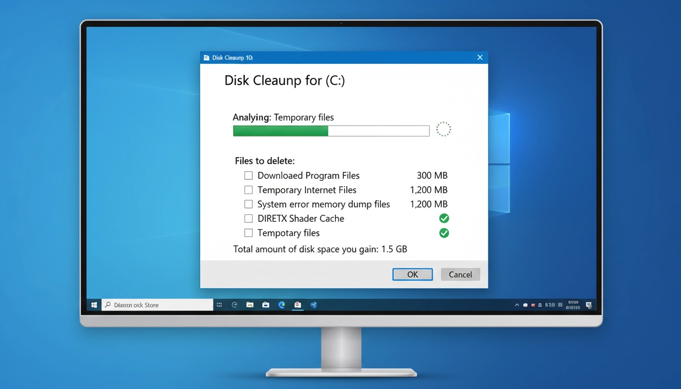Interface de l'outil nettoyage de disque Windows 10 pour libérer de l'espace