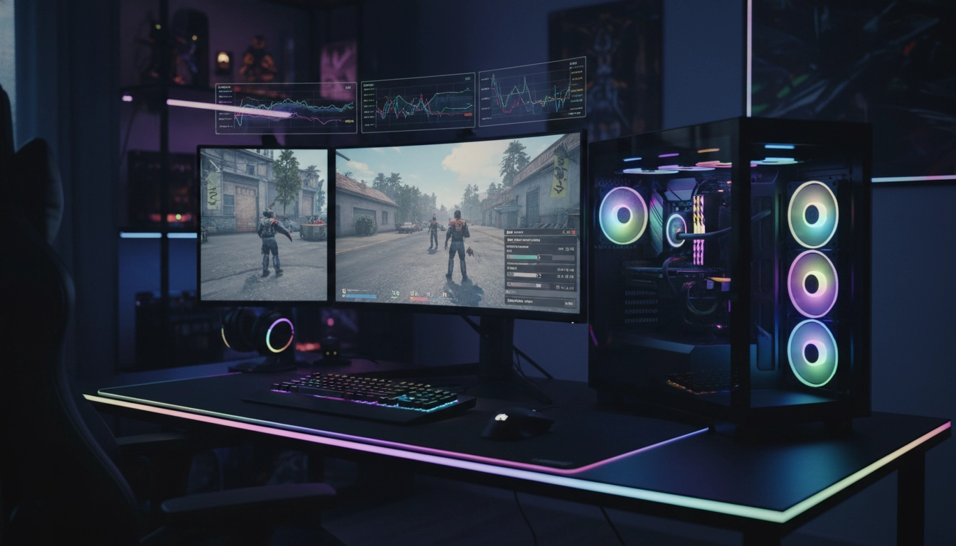 Setup PC gamer avec overlay de gestion VRAM gaming affiché en temps réel via MSI Afterburner