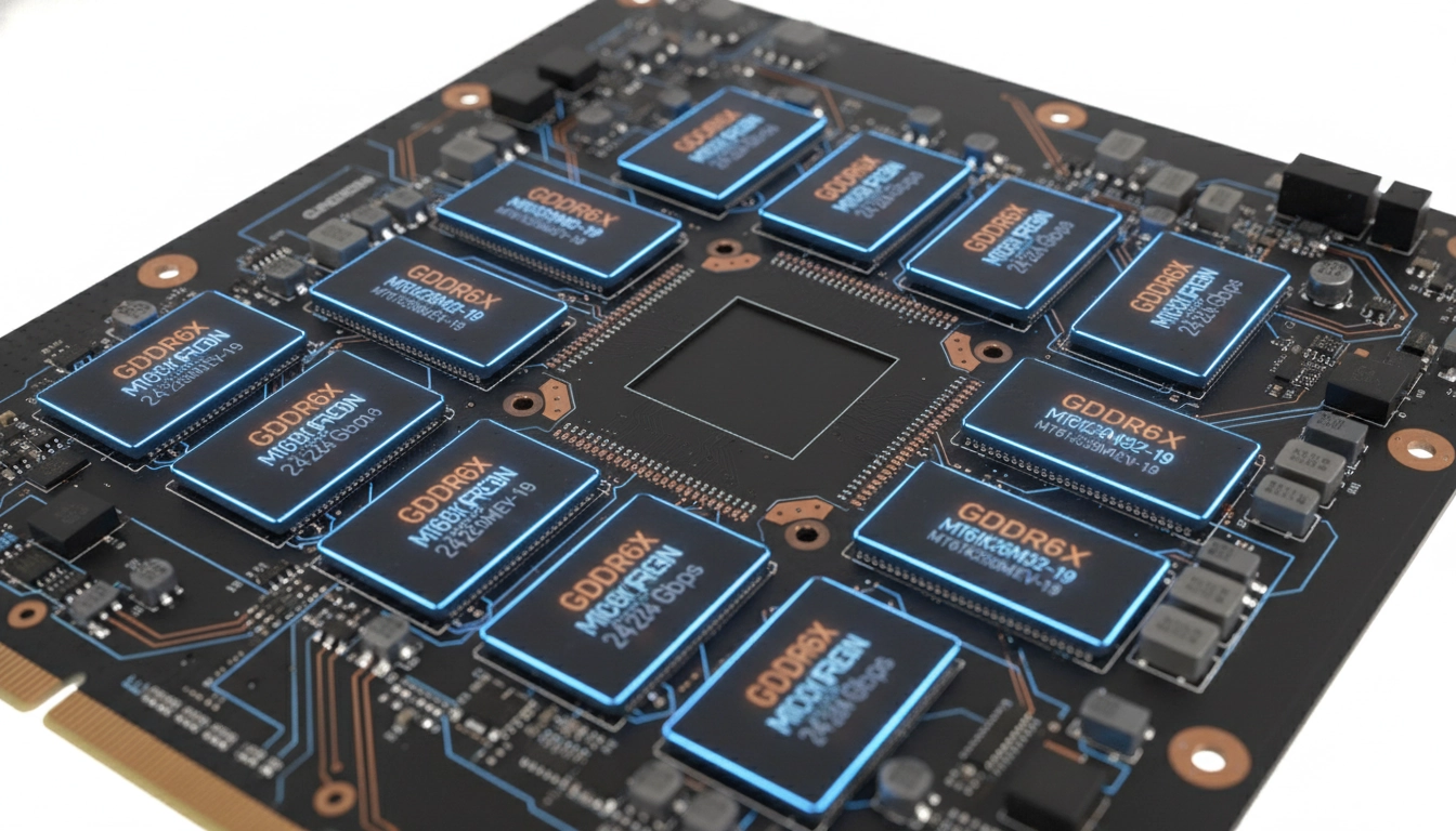 Puce mémoire GDDR6X sur une carte graphique moderne illustrant les types de VRAM et leur impact sur la gestion VRAM gaming
