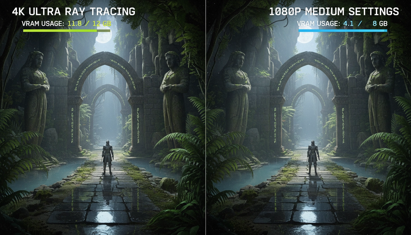 Comparaison de rendu 4K Ultra versus 1080p illustrant l'impact de la résolution sur la consommation de VRAM en gaming