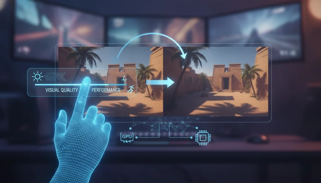 Un joueur ajustant les paramètres graphiques avancés de son PC pour optimiser le guide ajuster ombres qualité performance
