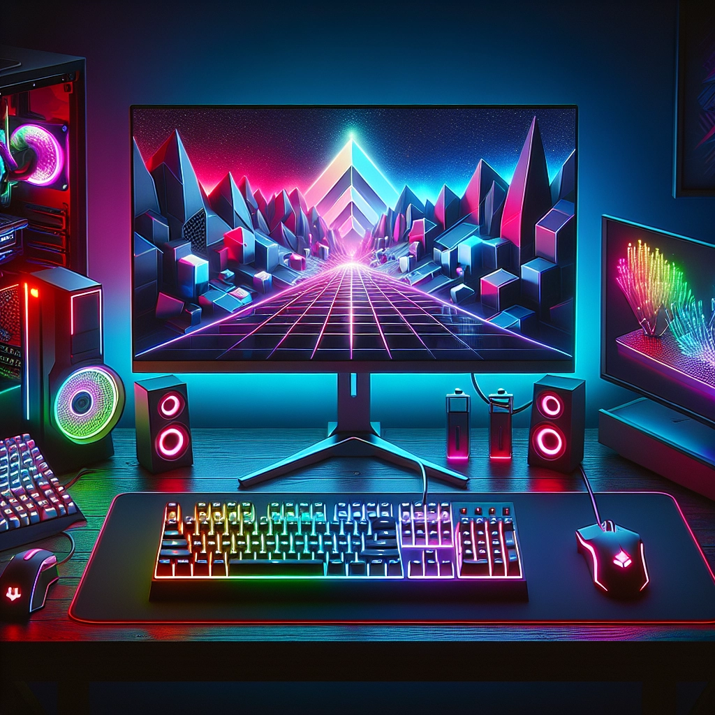 Setup gaming avec éclairage RGB diffus derrière écran et sous le bureau, ambiance premium