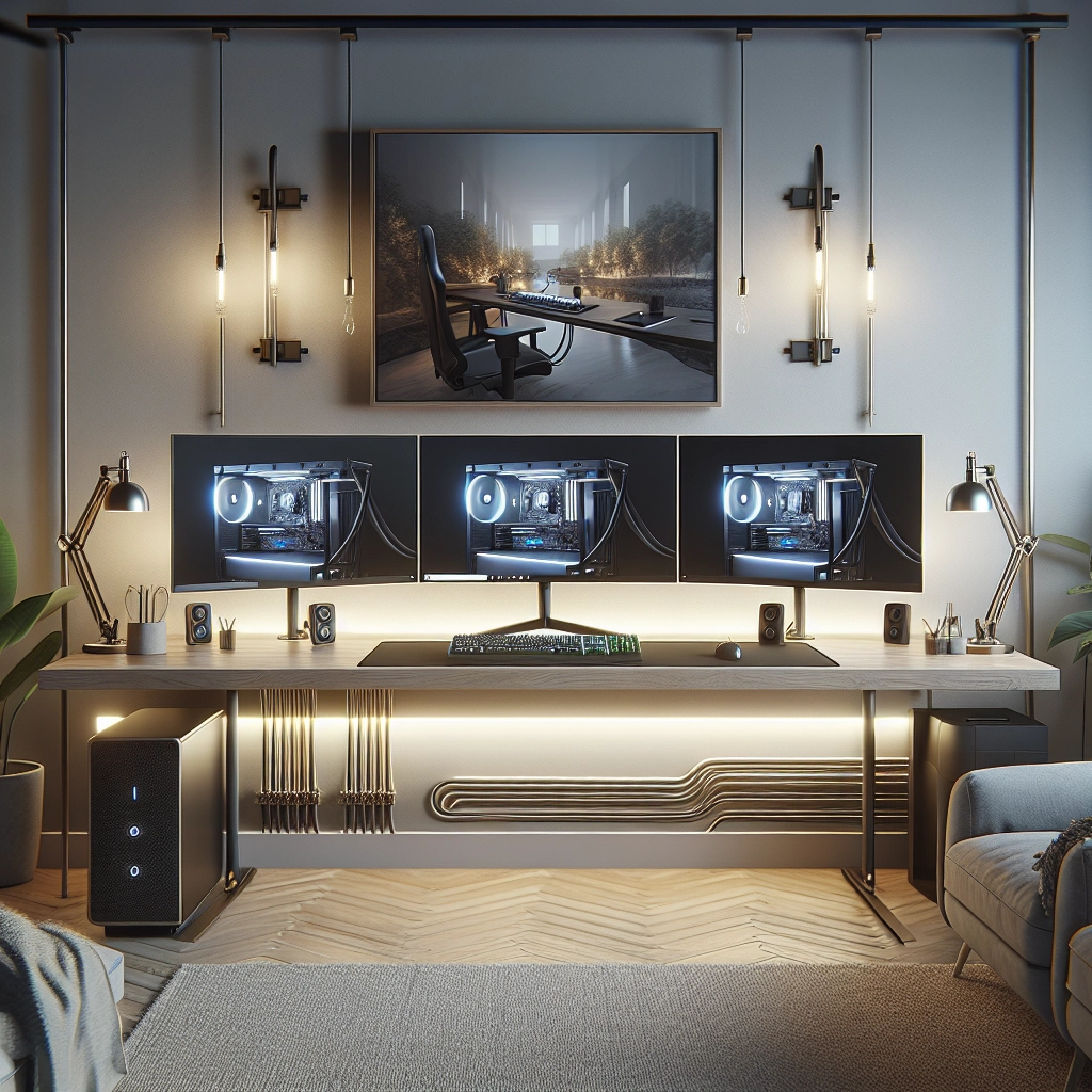 Exemple de guide complet gestion câbles gaming avec panier sous-bureau et double écran sur bras VESA