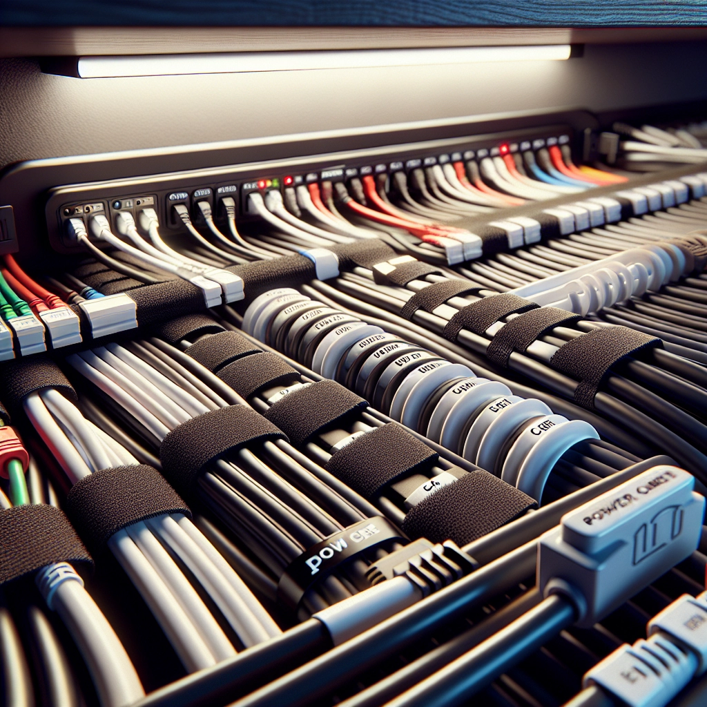 Gestion des câbles gaming sous le bureau avec multiprise fixée, scratchs et câbles étiquetés