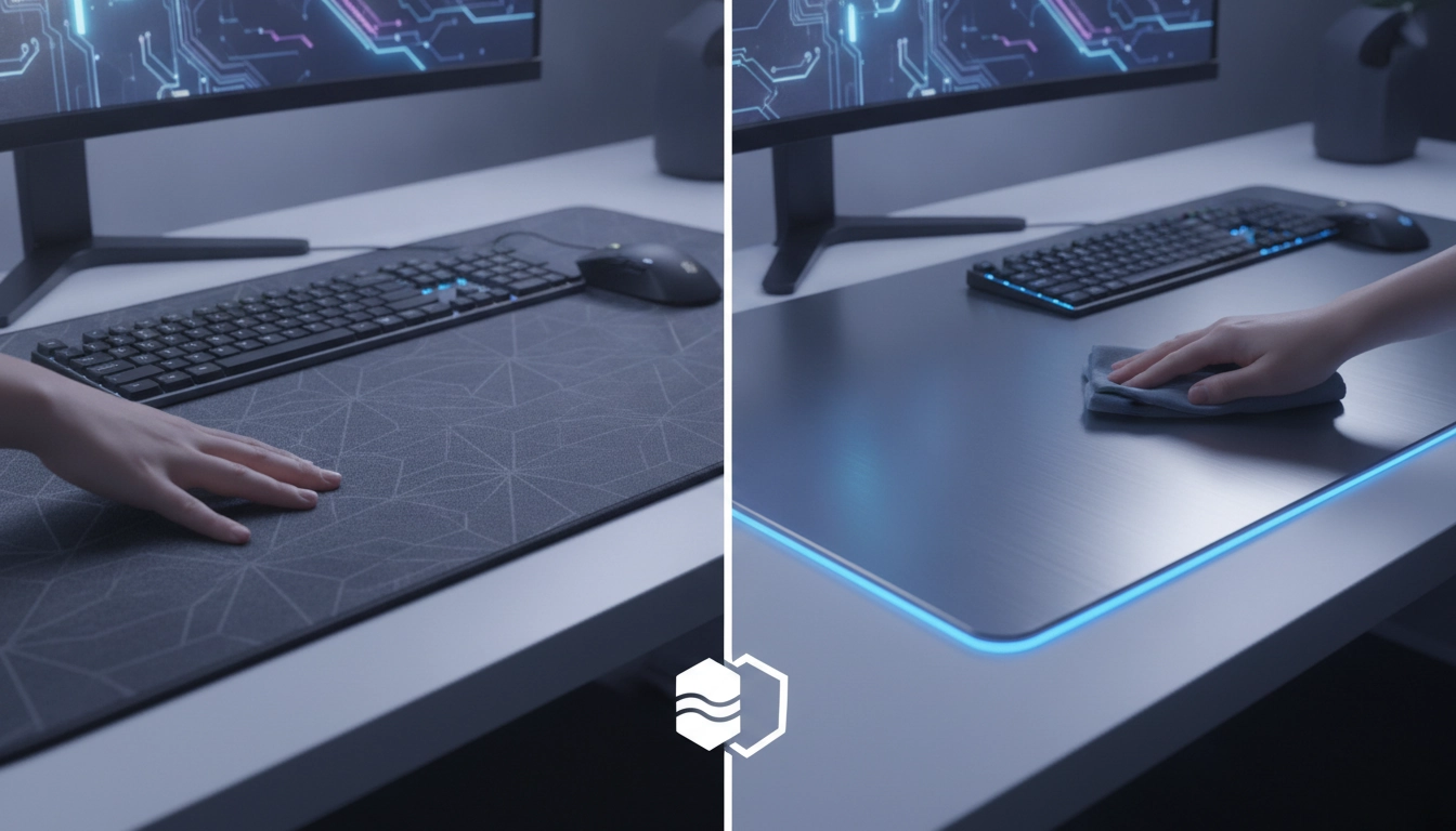 Un joueur professionnel effectuant le guide complet entretien tapis gaming tissu vs tapis gaming dur avec soin