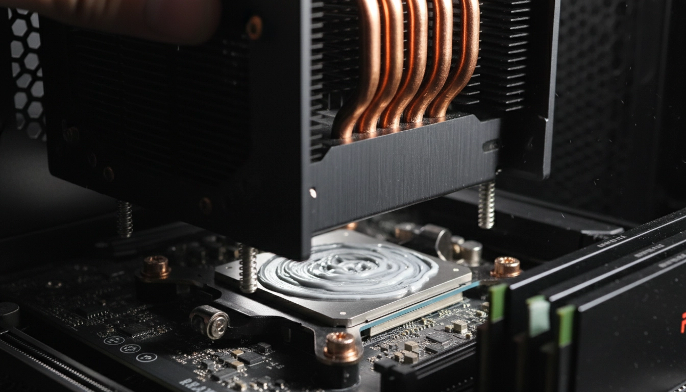 Pose verticale d'un ventirad sur un processeur AMD Ryzen avec pâte thermique bien répartie