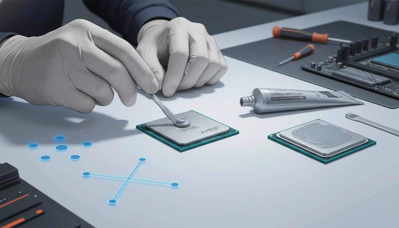 Application de pâte thermique sur un processeur Intel Core posé dans son socket LGA1700