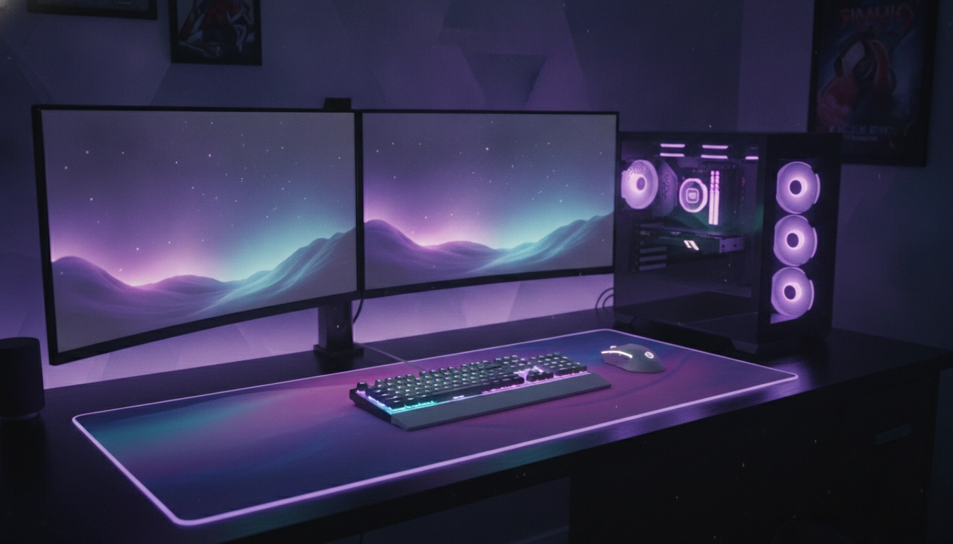 Une configuration gaming illustrant une parfaite harmonie visuelle RGB tapis souris XXL setup gaming dans un environnement sombre.