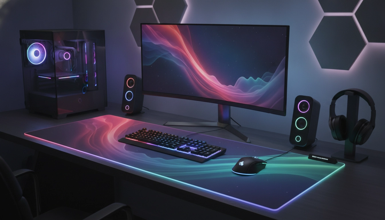Setup gaming moderne avec une parfaite harmonie visuelle RGB tapis souris XXL setup gaming sur un bureau épuré