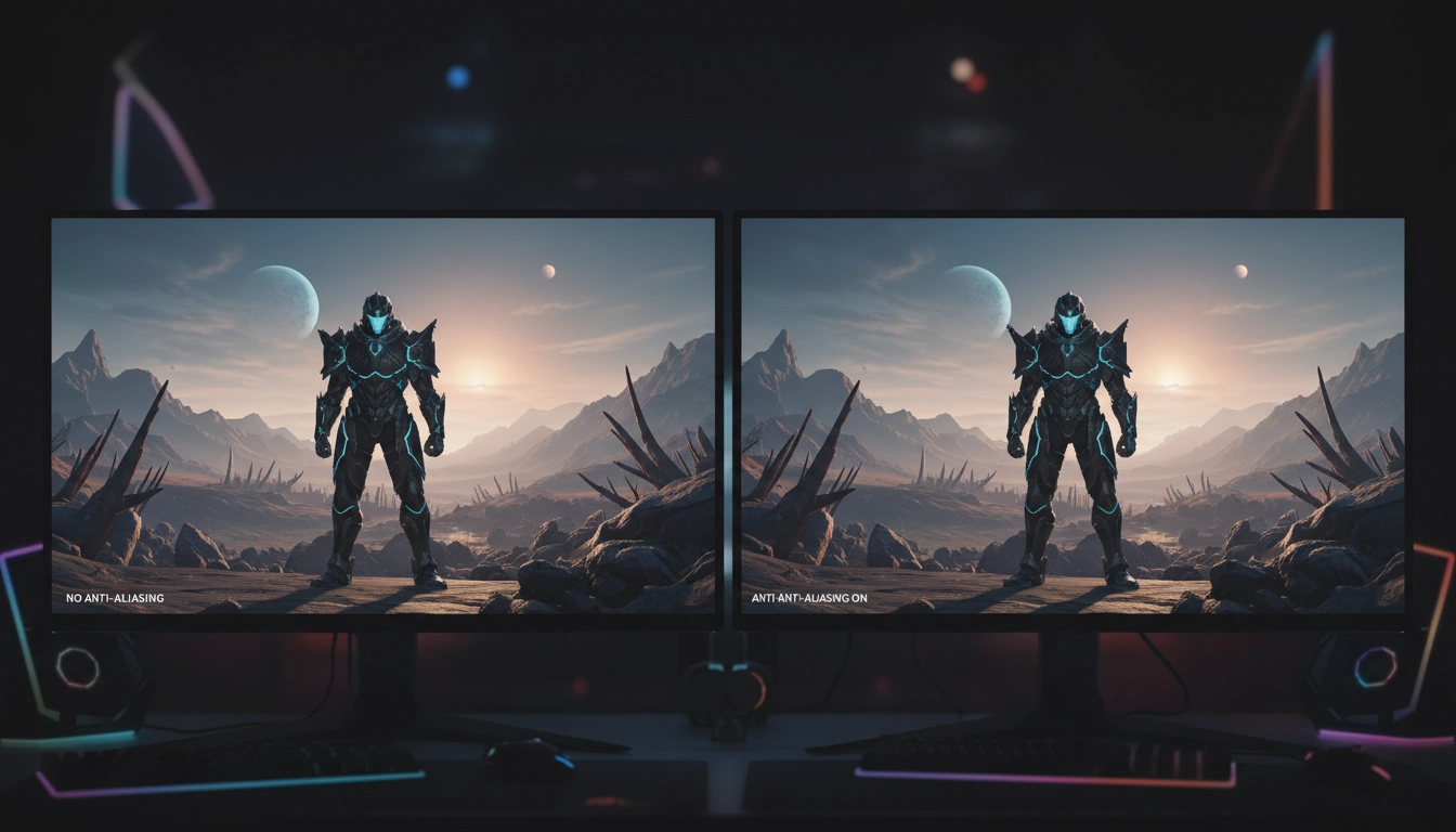 Illustration de l'impact anti-aliasing performance jeu avec comparaison avant et après activation du lissage