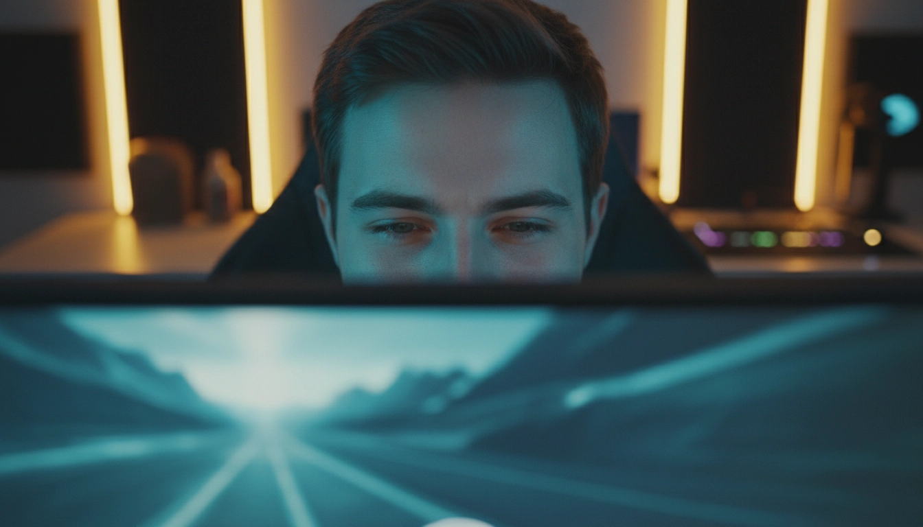 Gamer concentré grâce à un éclairage setup gaming bien calibré réduisant l'impact sur la fatigue visuelle et la concentration