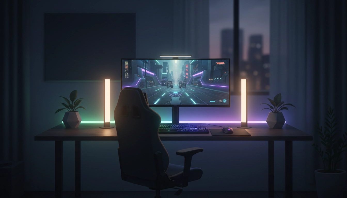 Setup gaming avec éclairage LED ambiant optimisé pour réduire la fatigue visuelle et améliorer la concentration