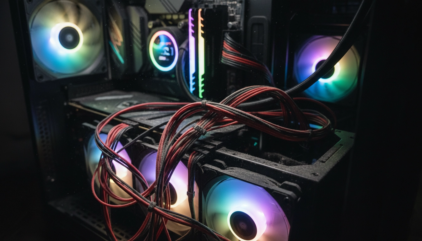 Gros plan sur un enchevêtrement de fils bloquant les ventilateurs illustrant l'impact gestion câbles pc sur flux d'air et la surchauffe.