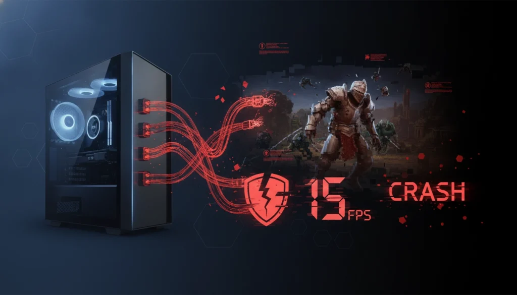 Un joueur frustré devant son écran PC affichant un message d'erreur critique en plein milieu d'une partie de jeu vidéo.
