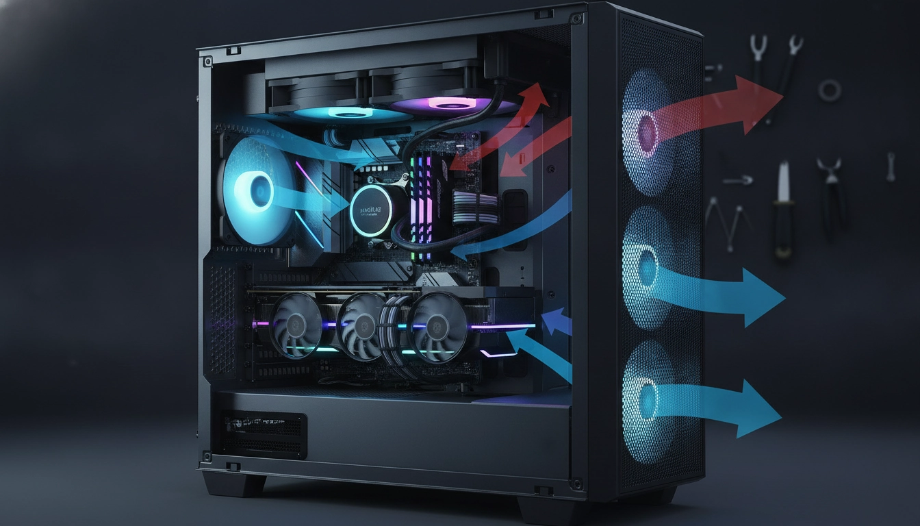 Illustration détaillée montrant l'impact sens flux air refroidissement liquide aio températures sur les composants internes d'un PC.