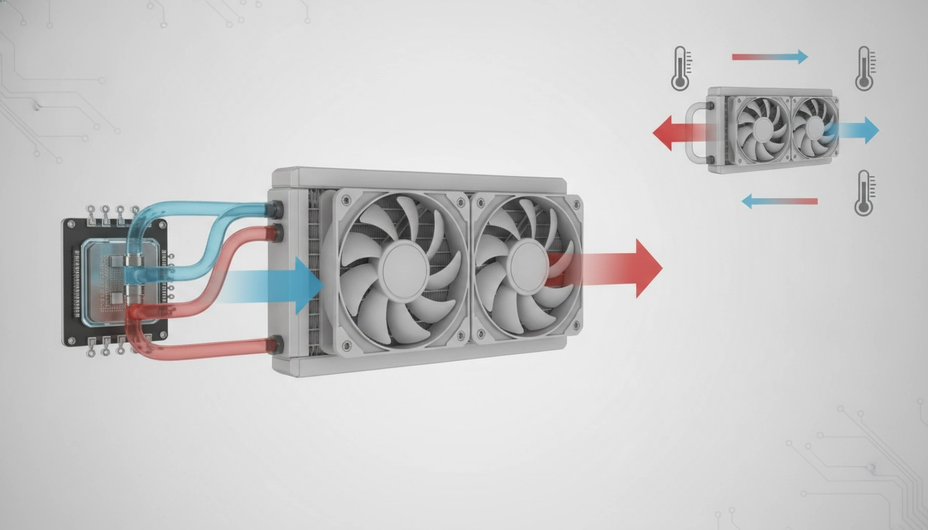 Schéma technique détaillant le sens du flux d'air optimal pour un refroidissement liquide AIO.