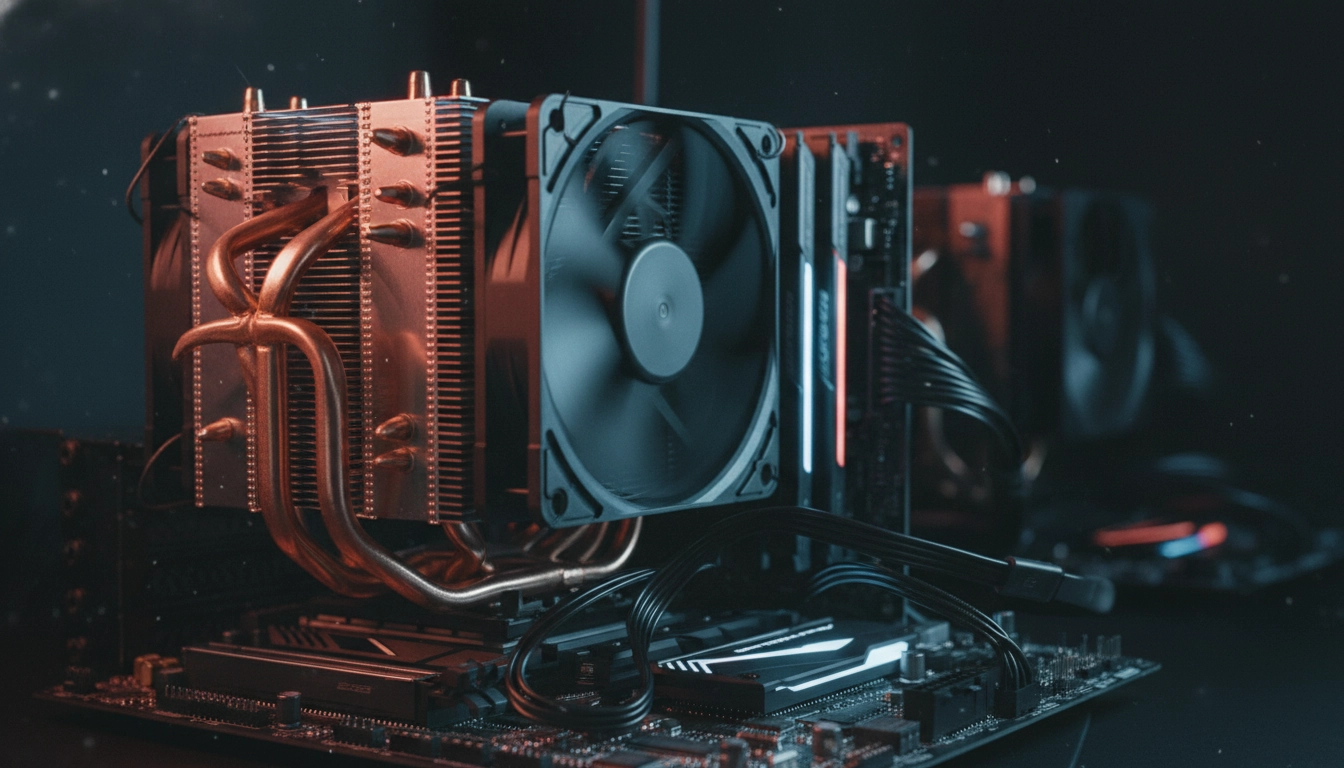 Gros plan sur un dissipateur thermique illustrant parfaitement l'impact surveillance température performance pc gaming.