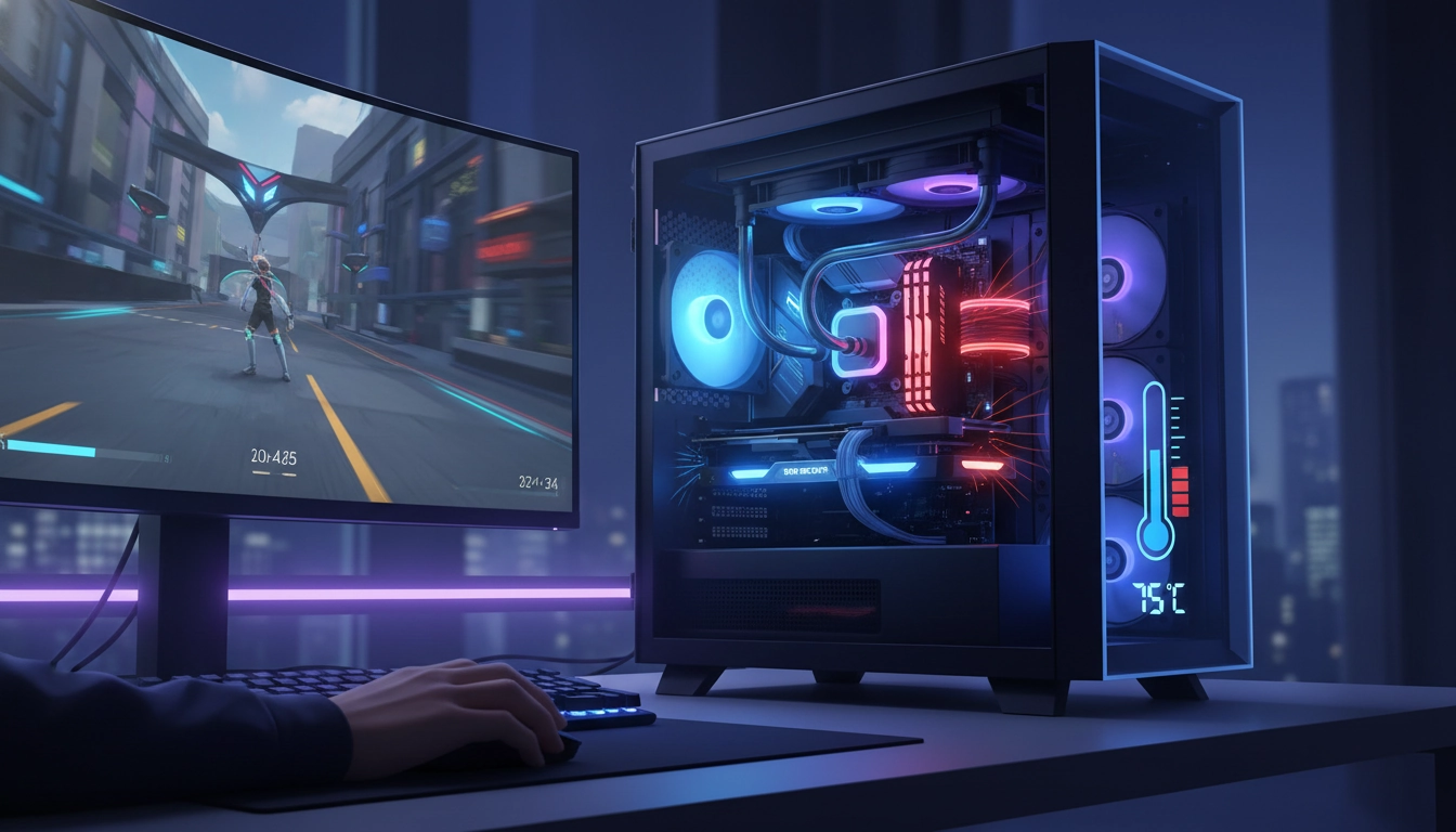 Gamer analysant l'impact surveillance température performance pc gaming sur un double écran de monitoring.