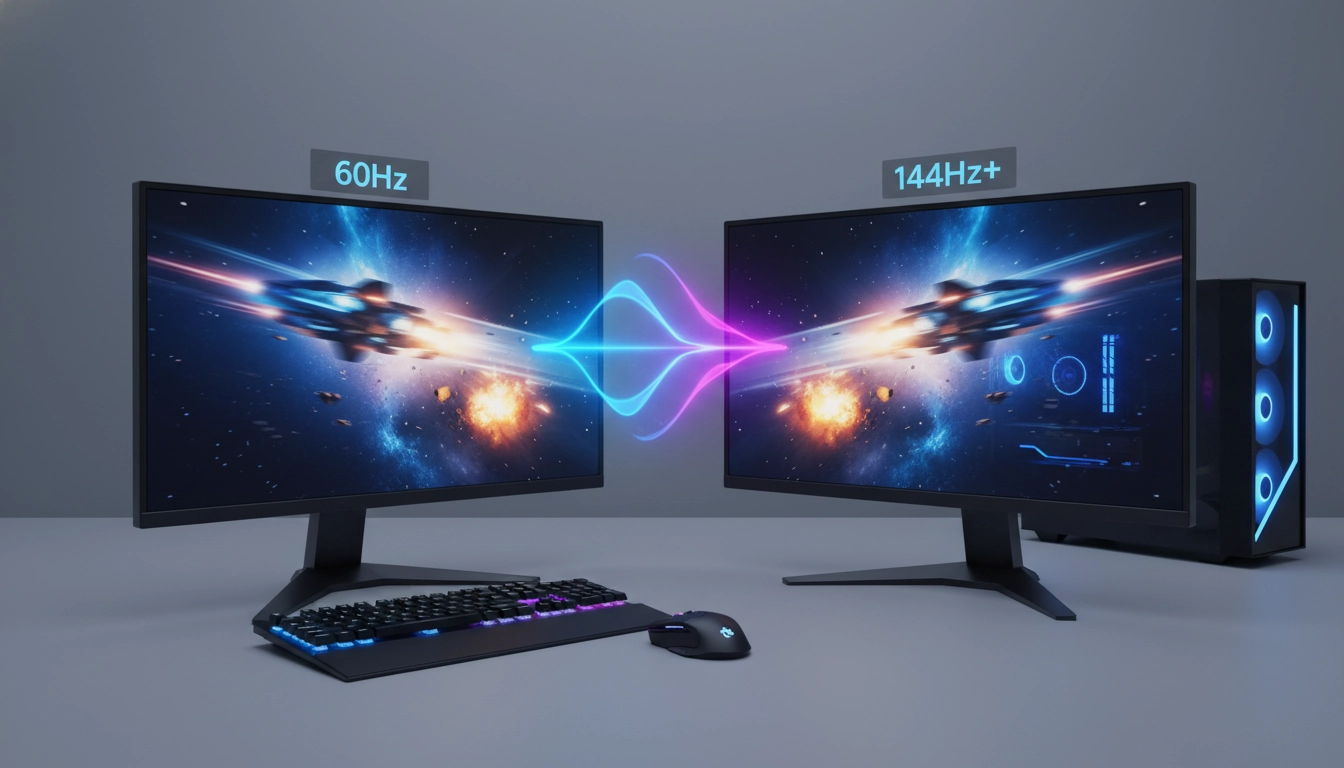 Écran gaming affichant un jeu FPS fluide, illustrant l'impact du taux de rafraîchissement sur la réactivité